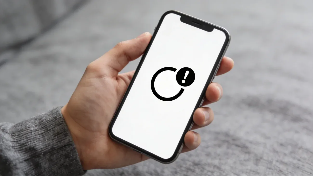 Hand holding a smartphone with a stylized abstract notification glyph on screen, slight tension