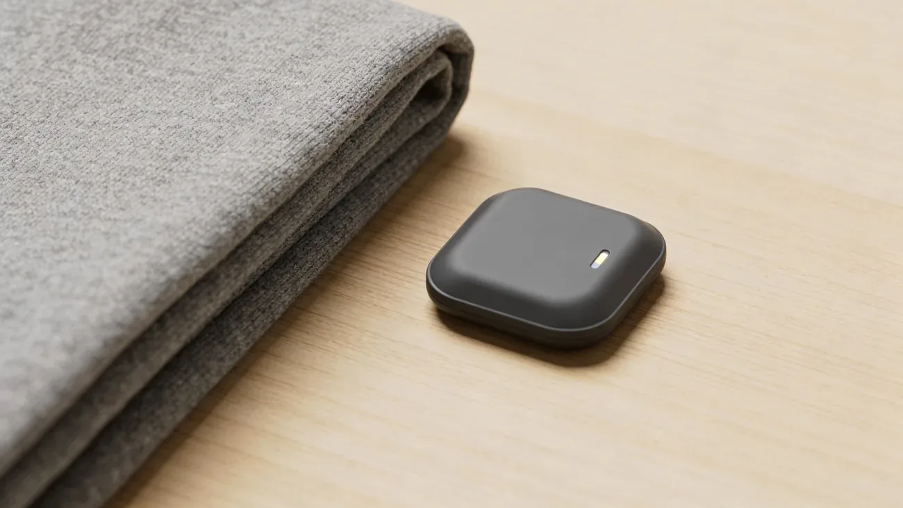 Bluetooth tracker resting next to a brass key and leather wallet on a worn wooden surface