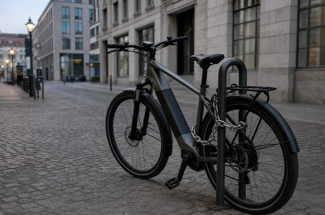 E-Bike mit schwerem Kettenschloss an einem Fahrradständer auf einer Stadtstraße am Abend
