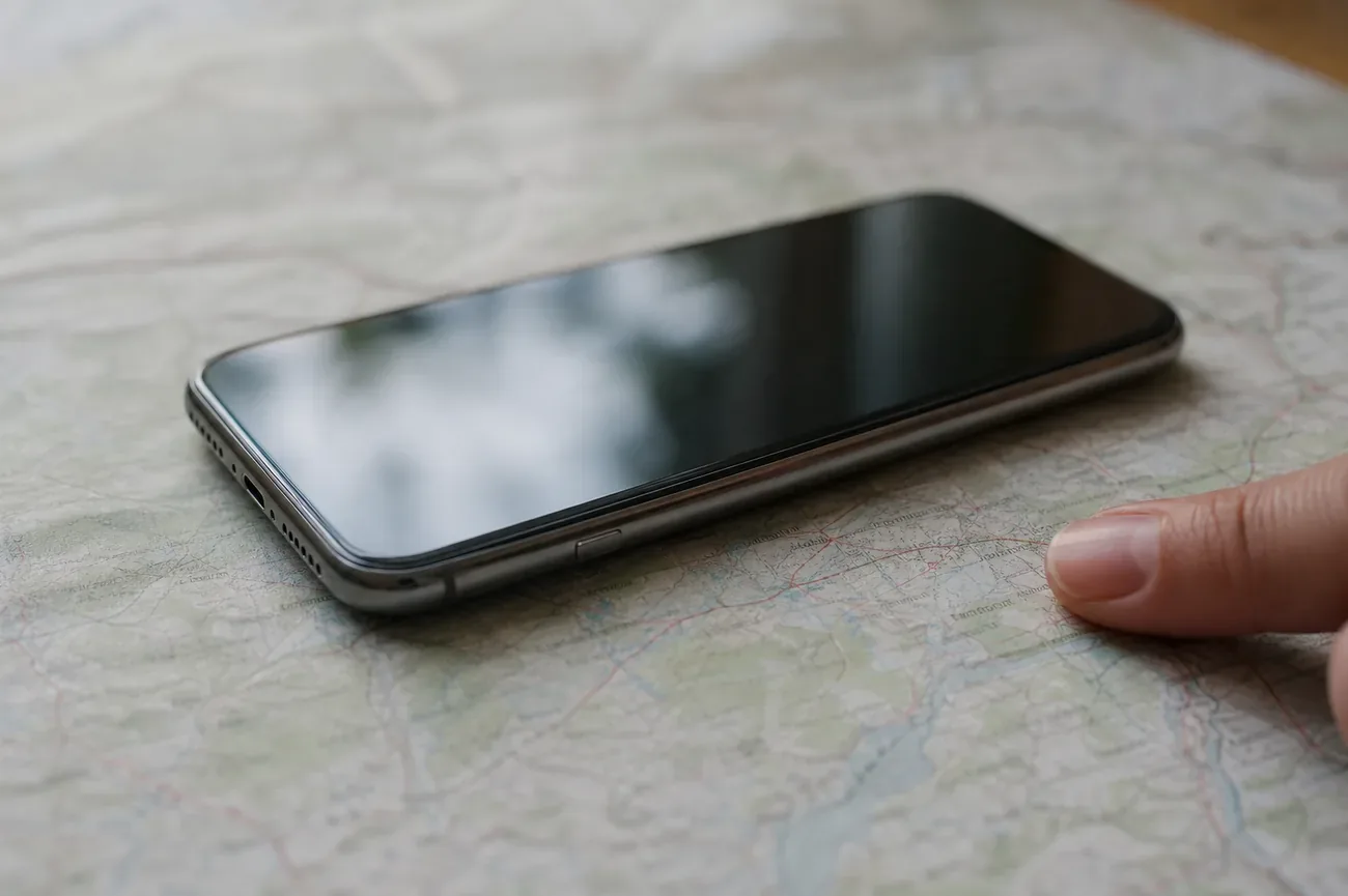 A phone screen showing a map pin with a question mark overlay, symbolizing an uncertain or possibly faked location