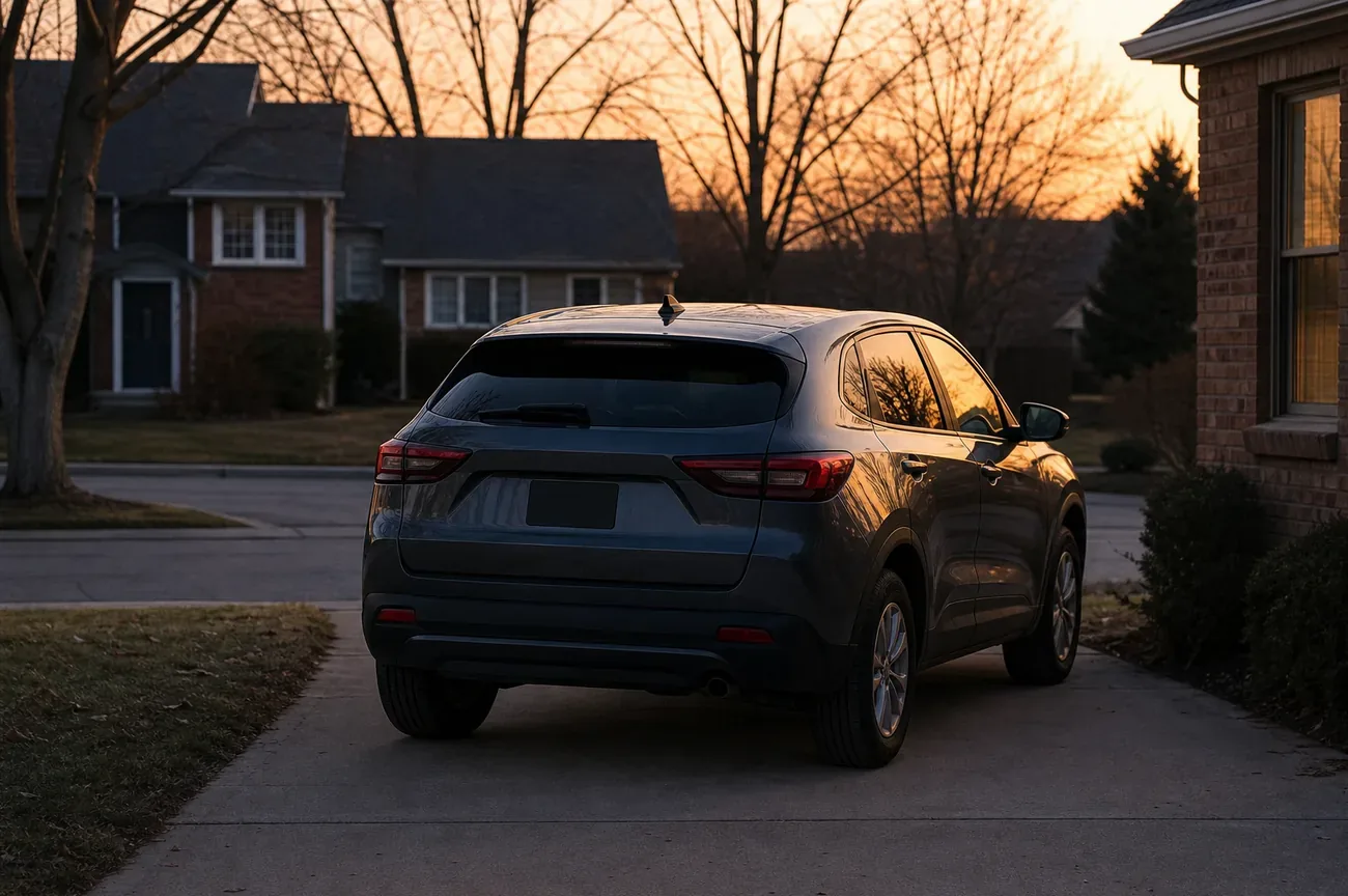 Parked car at dusk in a suburban driveway, soft golden hour light, documentary journalism aesthetic