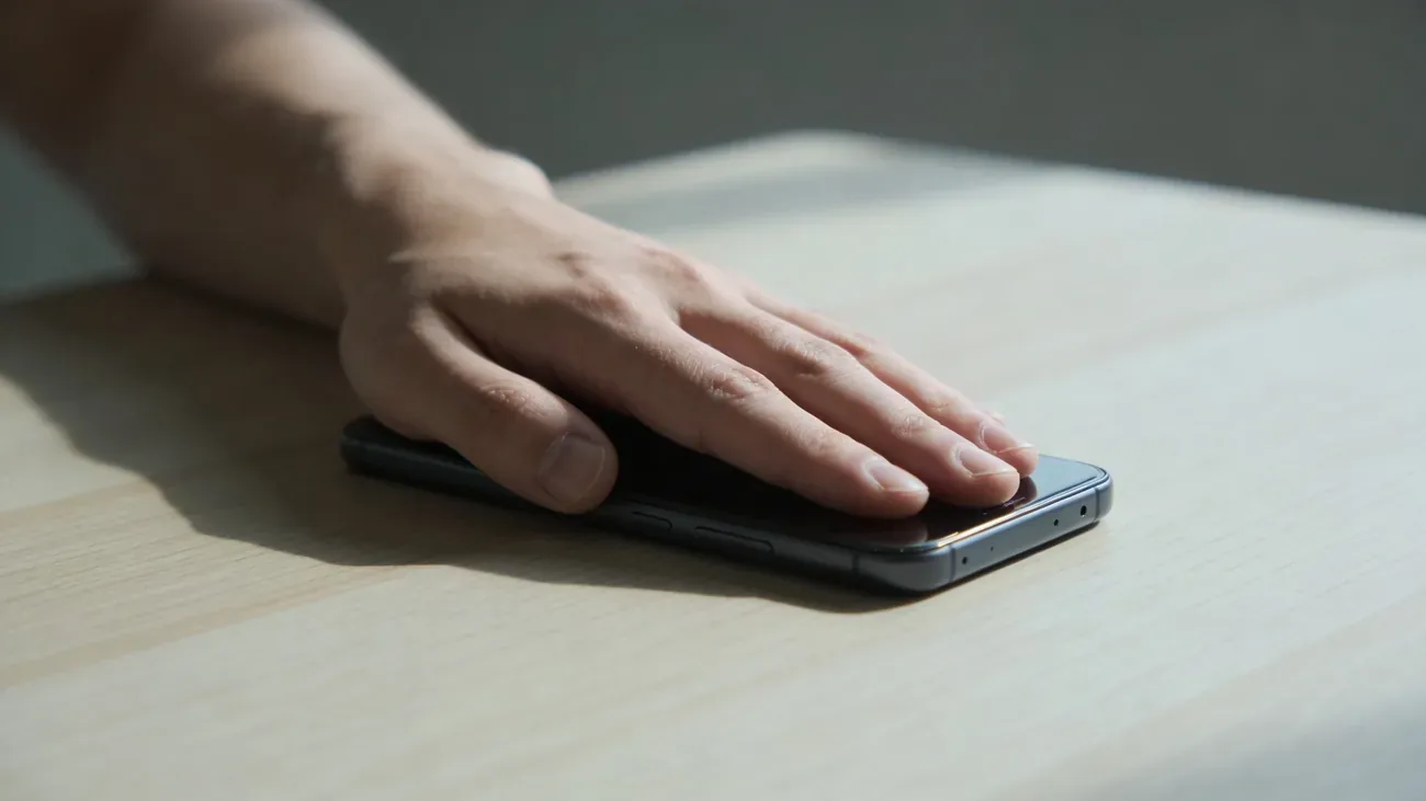 A single hand resting protectively on top of a smartphone face-down on a wooden table, calm and protective