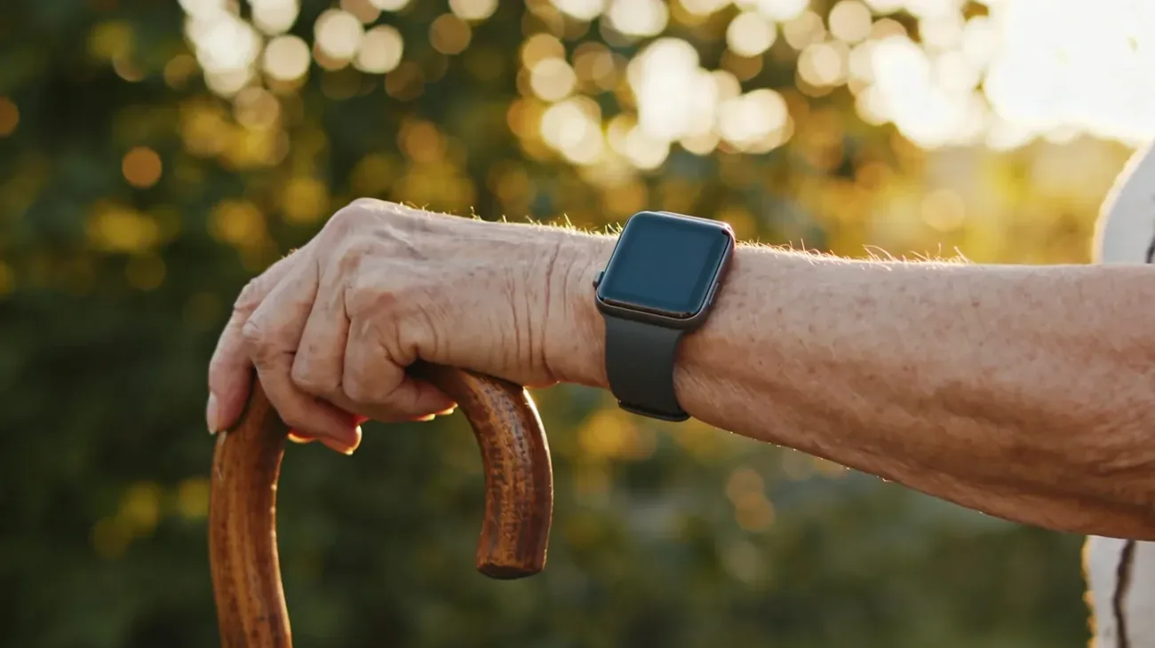 An older adult's wrist wearing a simple GPS tracking watch resting on a wooden table beside a cup of tea