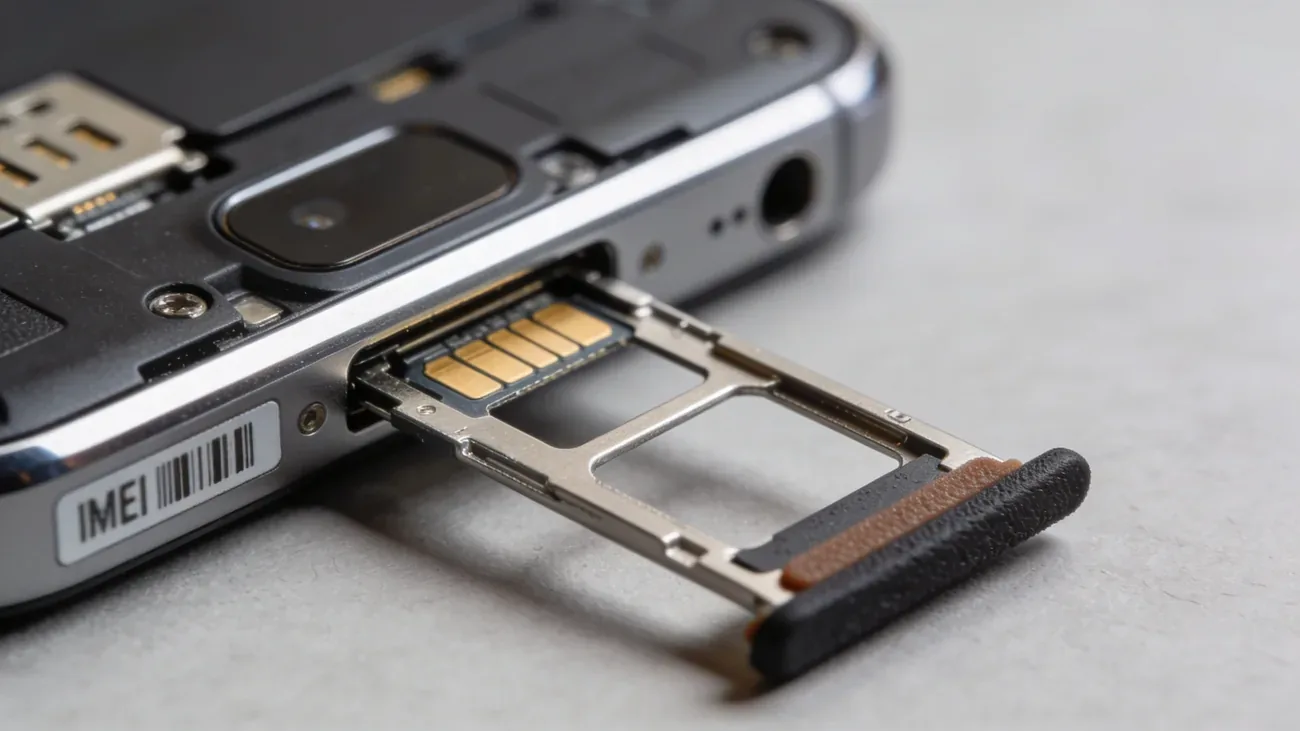 Macro of an open SIM tray pulled from a smartphone, IMEI label visible on the metal tray