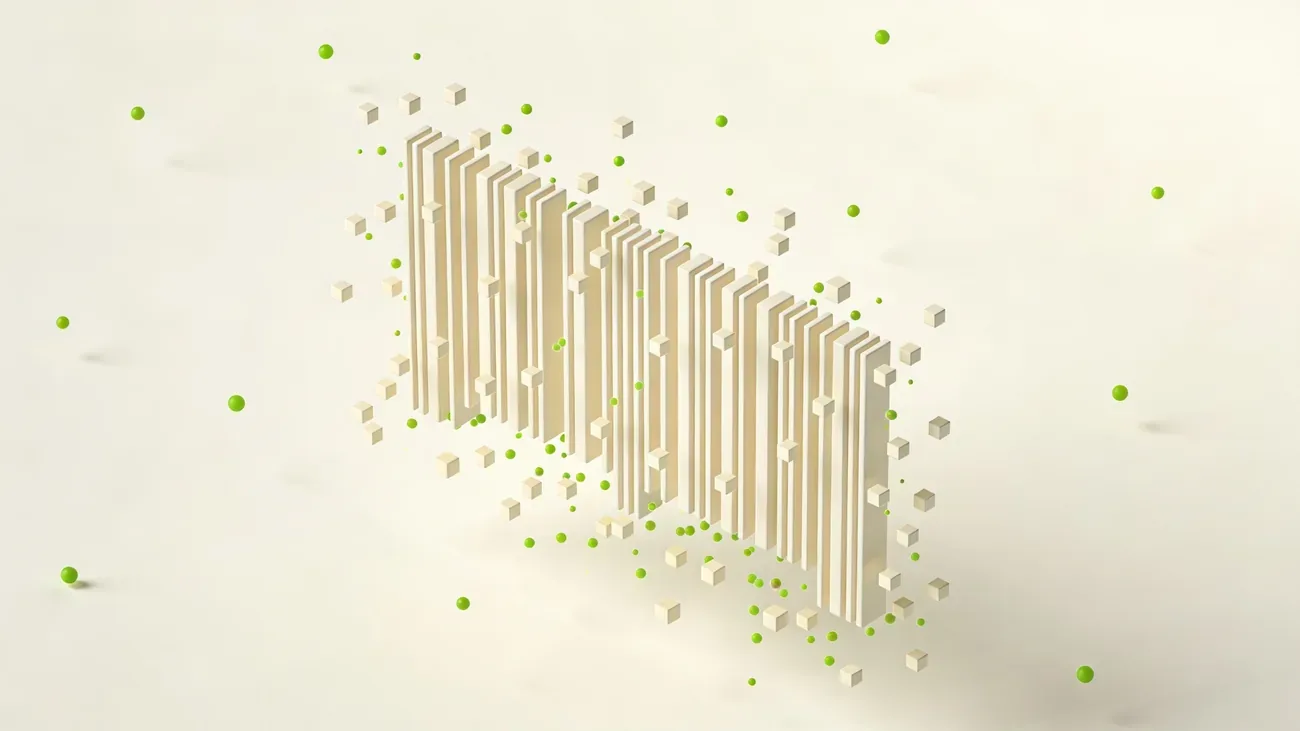 Abstract barcode pattern dissolving into floating dots on a cream background, minimalist
