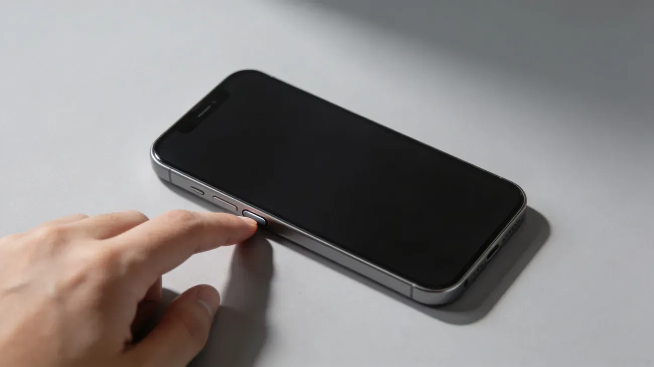 Hands holding a modern smartphone on a light grey desk, fingertip near the side button, neutral palette
