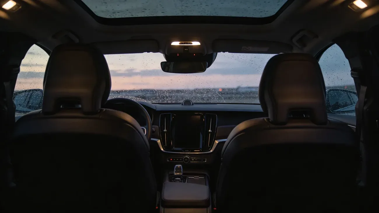 A rental car dashboard with a connected phone showing a map, parked in an airport garage