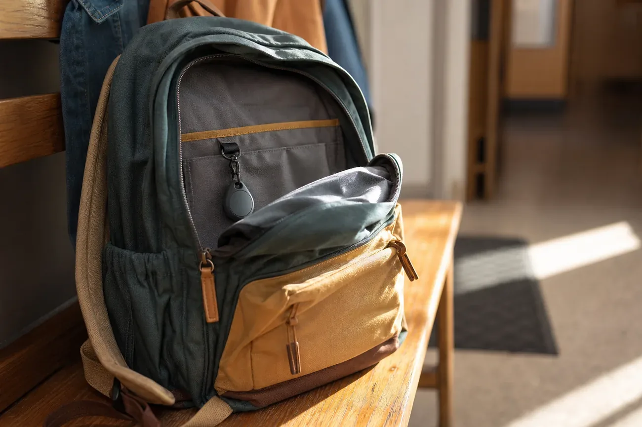 A small GPS tracker clipped to the zipper of a child's backpack on a school bus seat