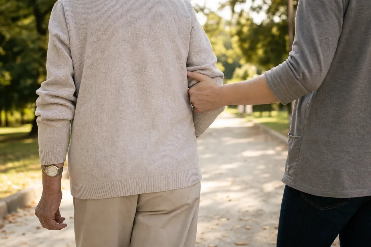 Adulto mayor caminando acompañado por un parque, con un reloj sencillo en la muñeca