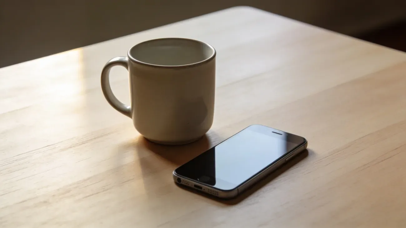 A modern smartphone laying flat on a wooden table next to a simple ceramic mug, soft warm light, contemplative composition