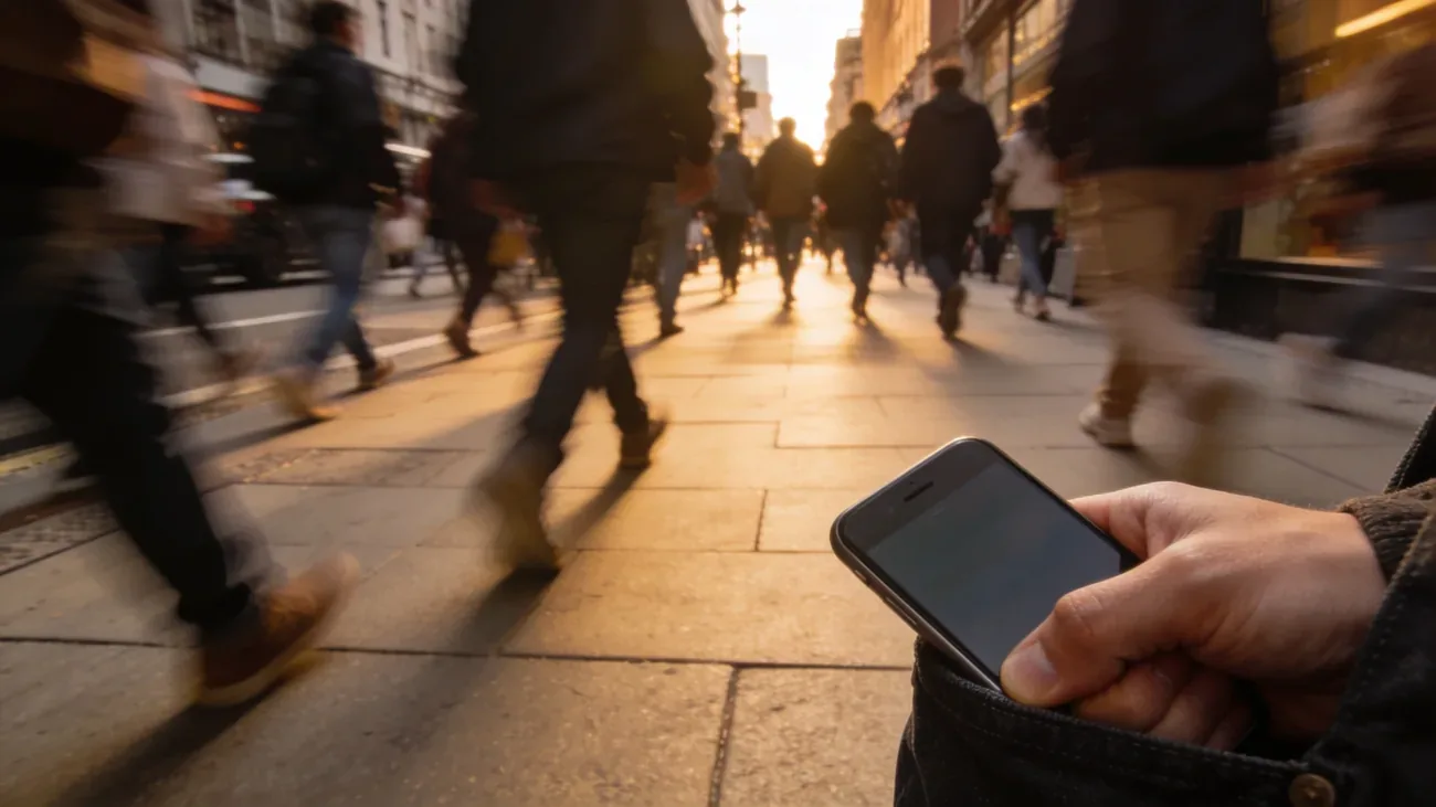 A crowded city sidewalk in golden light, anonymous pedestrians in motion, a hand gripping a phone in a pocket