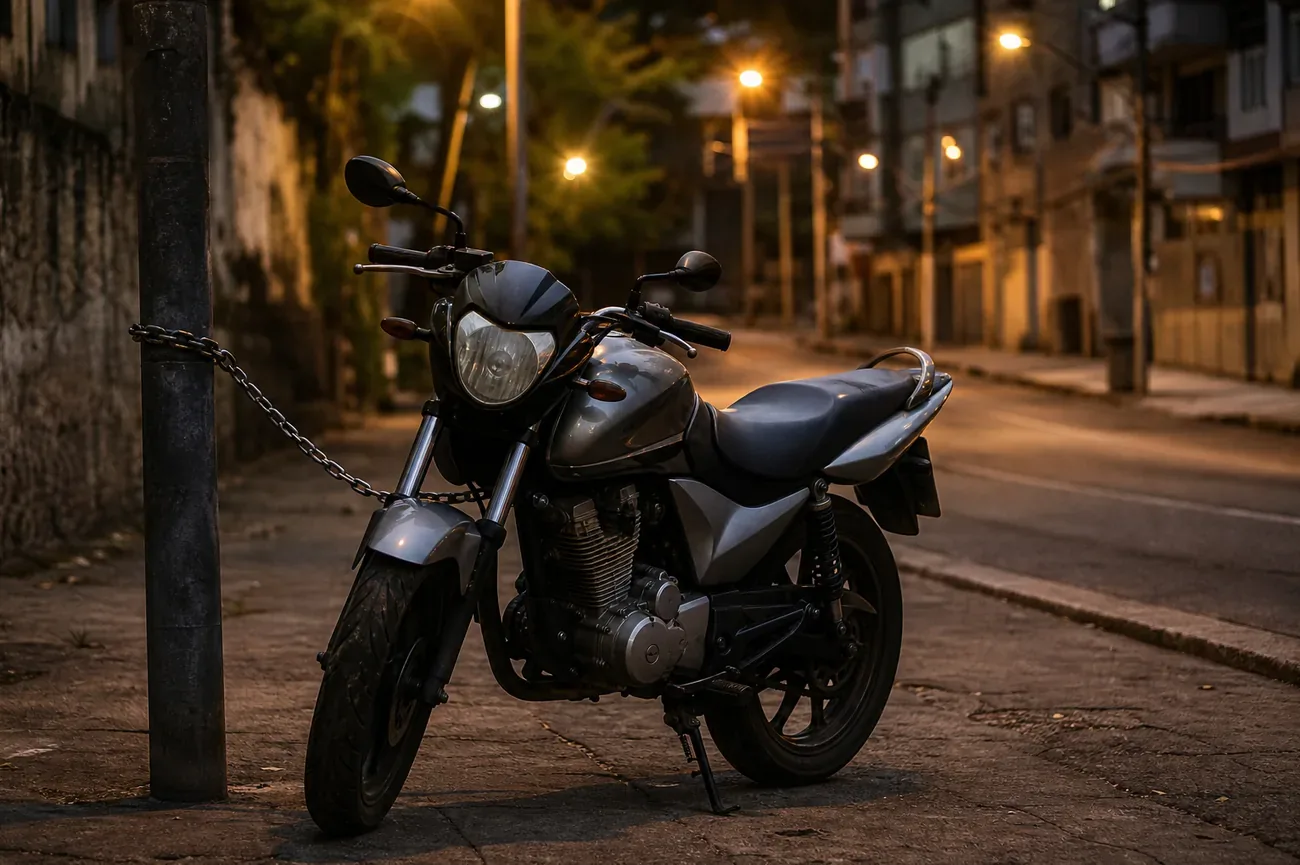 Moto estacionada e acorrentada a um poste em uma rua urbana ao anoitecer
