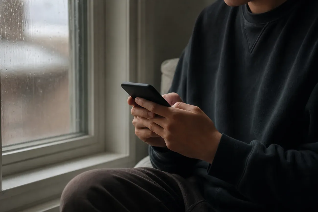 Persona revisando los ajustes de aplicaciones en su celular junto a una ventana