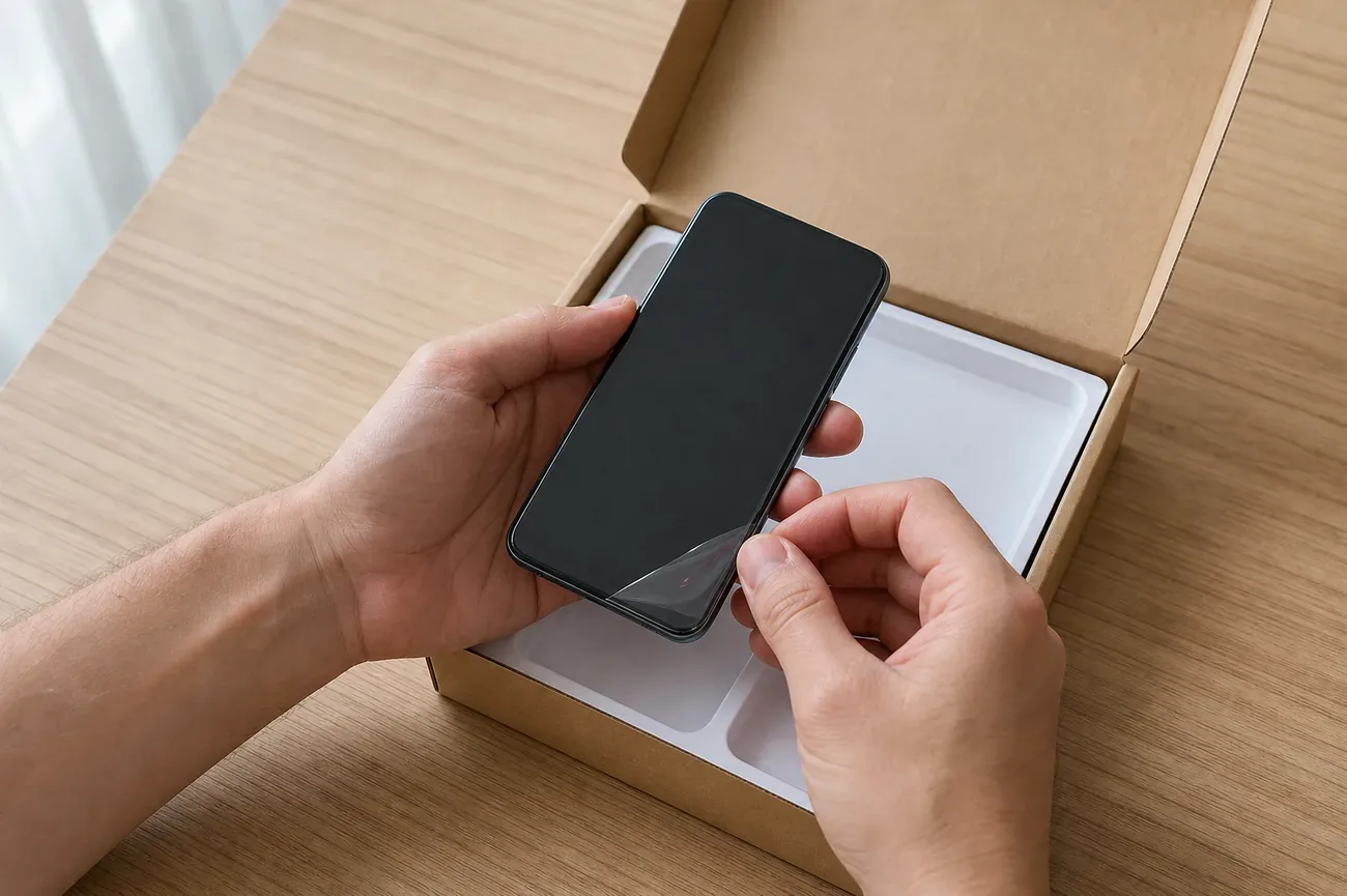 Hands unboxing a brand new smartphone, peeling the protective screen film from the device above an open retail cardboard box on a wooden desk