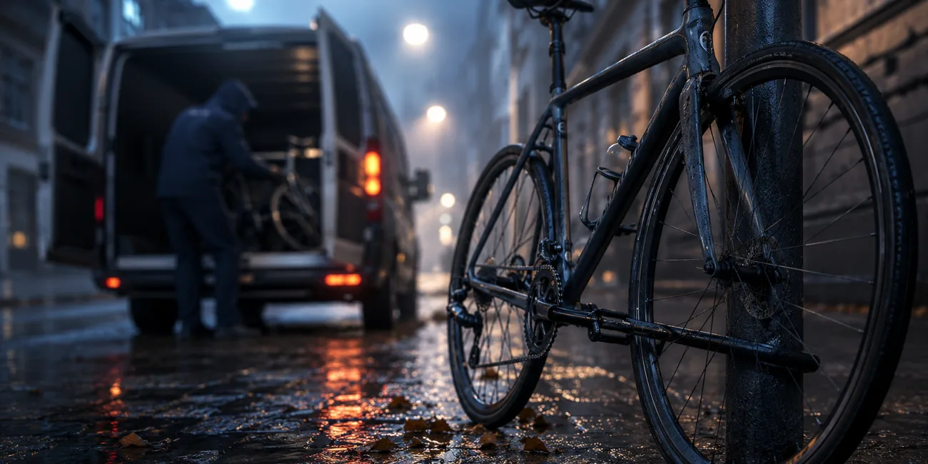 Single front bicycle wheel still locked with a U-lock to a black metal bike rack on a wet European cobblestone street, the rest of the bike stolen, gray overcast morning