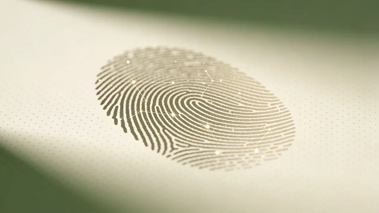 Stylized fingerprint pattern dissolving into dotted grid, identity and tracking concept