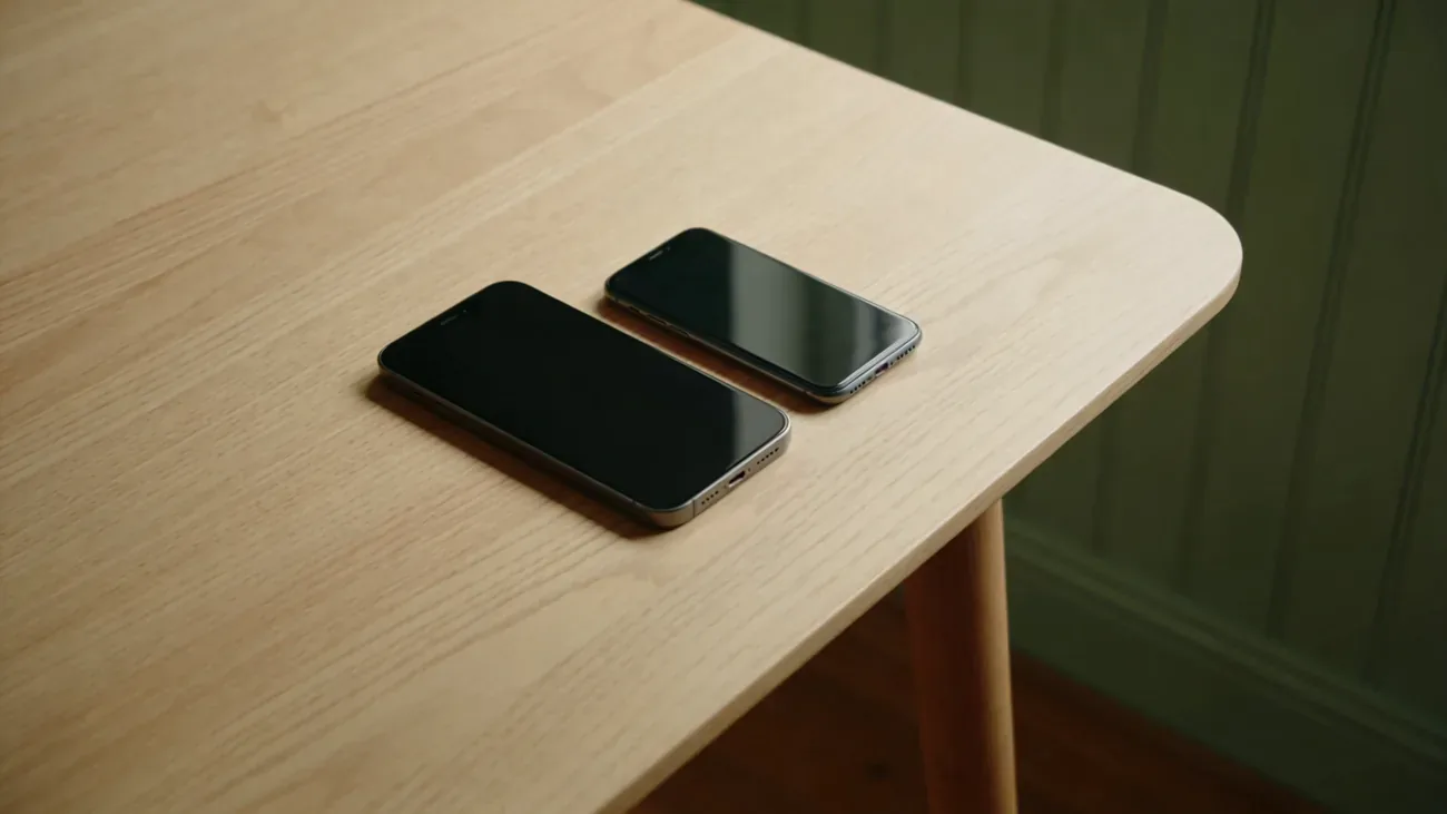 Two smartphones, one larger one smaller, side by side on a light wooden kitchen table in soft warm daylight