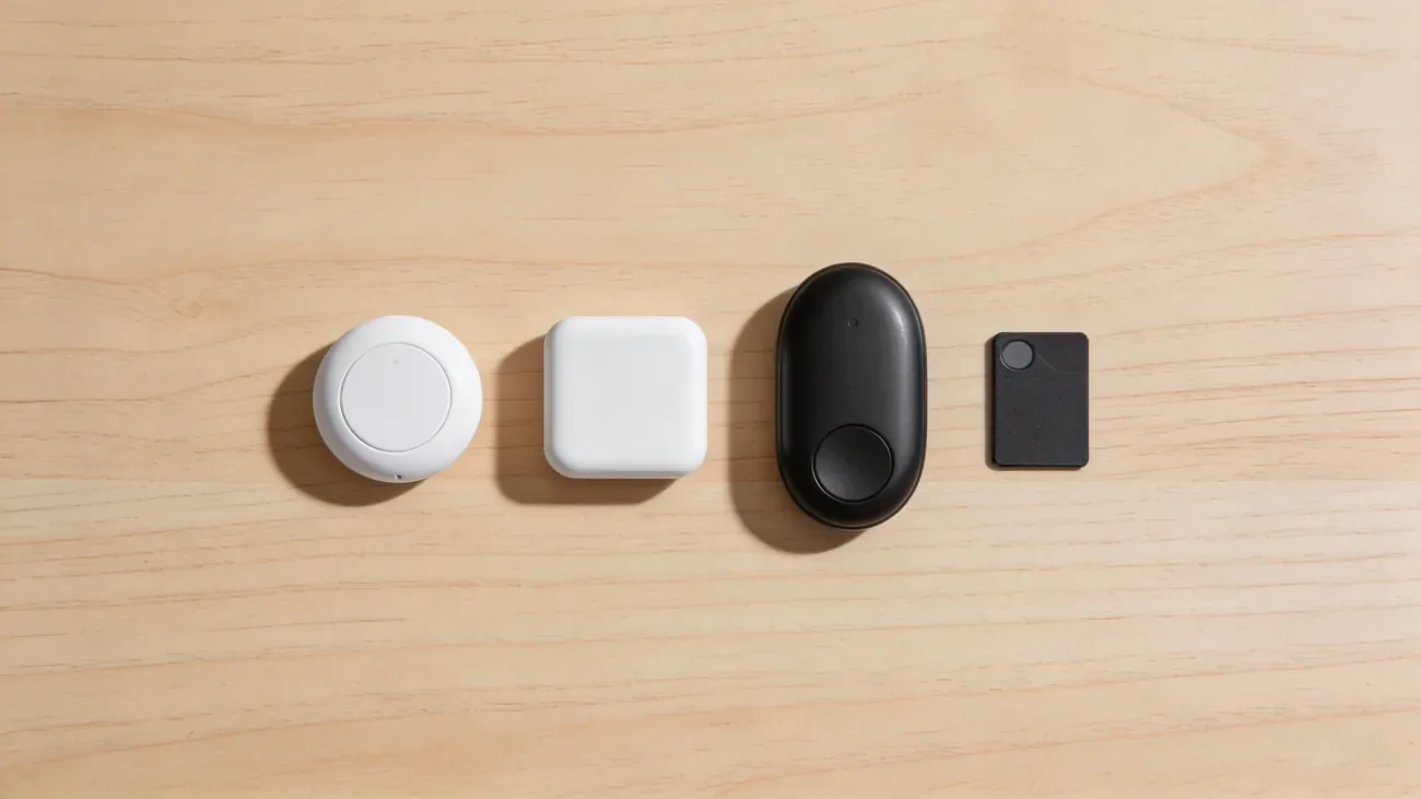 Four different small Bluetooth trackers arranged in a row on a clean light wooden surface