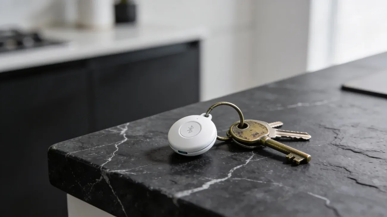 Small white Bluetooth tracker on a brass keyring with worn keys, modern home interior in soft focus
