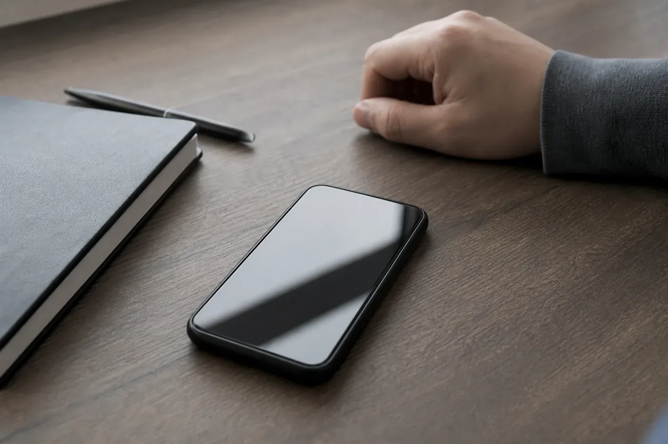 Haende halten ein Handy vor Rechtsdokumenten auf einem Tisch