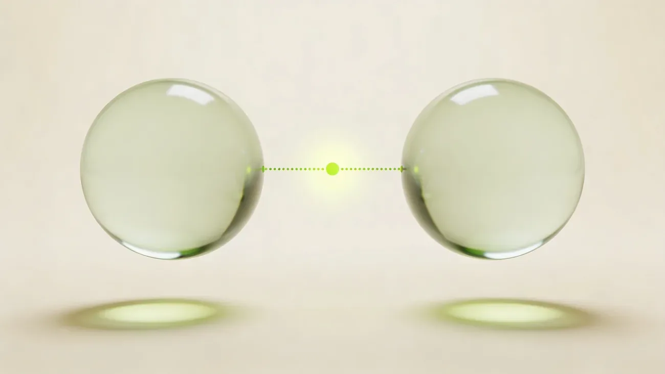 Two identical glass orbs floating at the same height with a subtle dotted connection between them